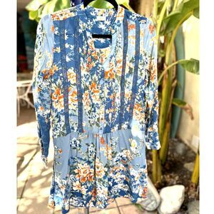 Anthropologie Tiny Gaina Medium Blue Floral Button Down LS Boho Midi Dress SZ S